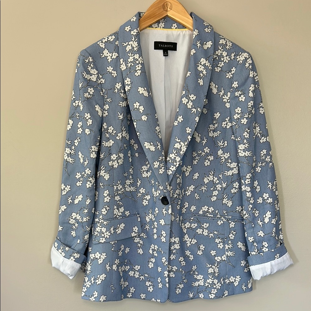 Talbots Floral Jacquard Blazer Size 12‎ Blue with White Flowers